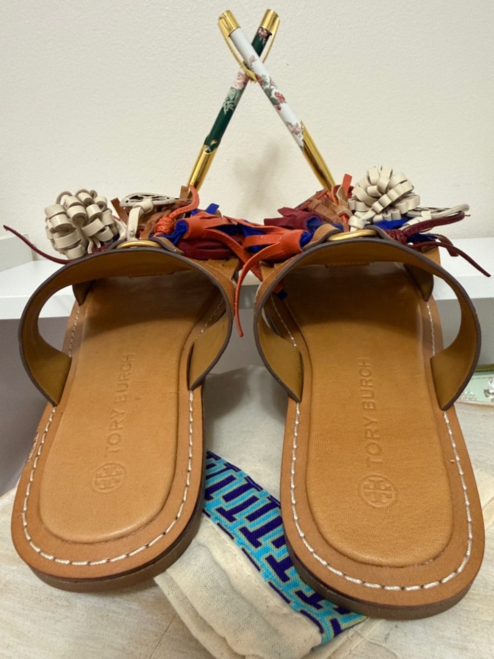Tory Burch Tan Leather Tassel Slide Sandals with Multicolor Fringe - Picture 3 of 11